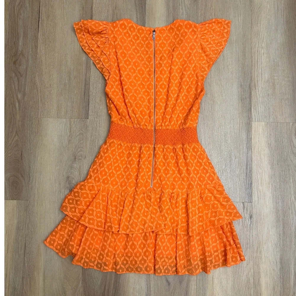 Alice + Olivia Markita Orange Silk Blend Geometric Ruffle Mini Dress sienna 4 - Picture 4 of 8